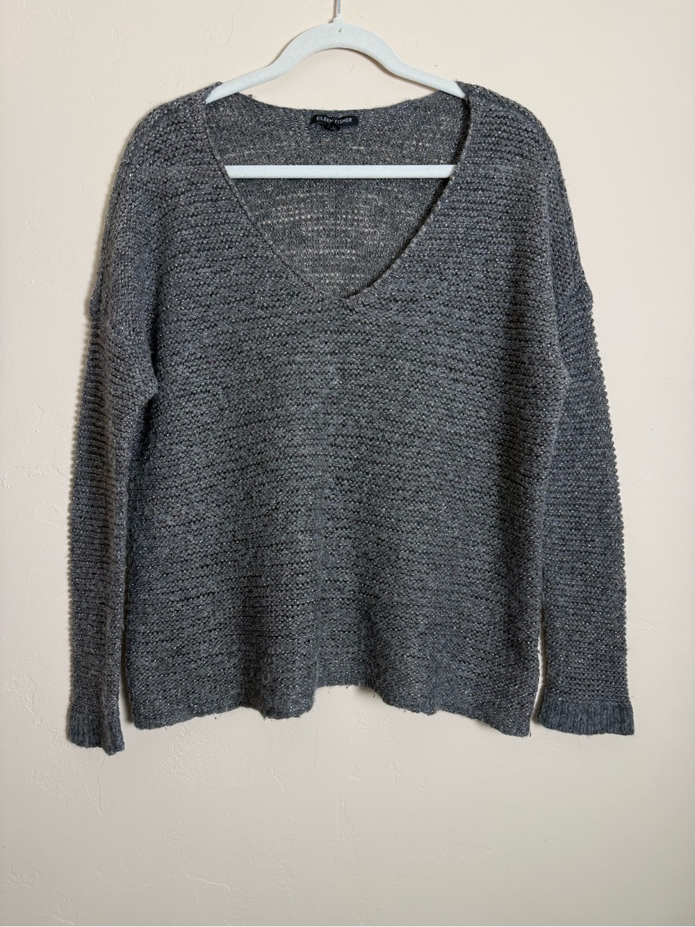 Eileen Fisher Silver chunky knit Metallic V-Neck Sweater size large